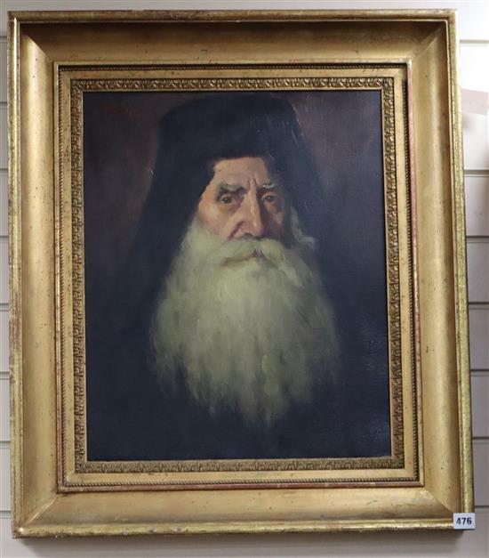 Greek school, oil on canvas, Portrait of a Rabbi, indistinctly signed, 54 x 44cm